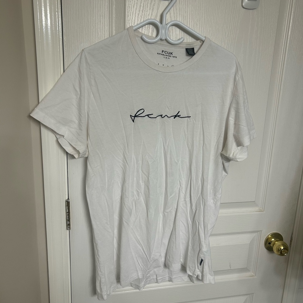 French Connection White Mens Tee with Black Logo, Size XL